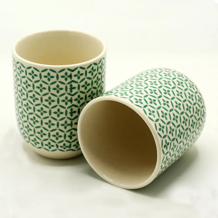 Set of 6 green mosaic ceramic herbal tea cups with white geometric floral pattern for small herbal tea brewing