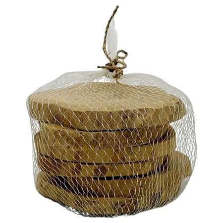 Set of 6 round rustic wood coasters in natural brown tones wrapped in a mesh net for coffee wood use