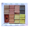 A white box with 70 earthy toned wooden incense smudge bricks labeled by wood type from ishom set