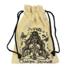 Beige drawstring bag with black ink meditating figure and chakra stones design for large oval-shaped chakra stones set