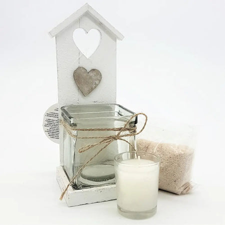 White distressed wood tealight holder birdhouse with heart cutout and hanging concrete heart accent shabby chic style