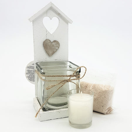 White distressed wood tealight holder birdhouse with heart cutout and hanging concrete heart accent shabby chic style