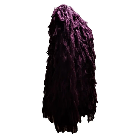 A deep purple shaggy soft-knit acrylic jacket with long sleeves and a textured layered feathered shawl design in two colours