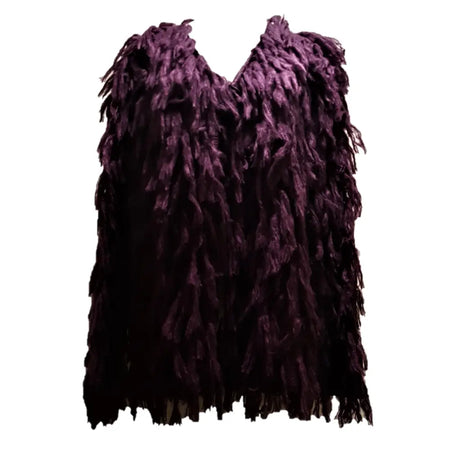 A deep purple shaggy soft-knit acrylic jacket with feather-like fringe, long sleeves, shown in two colours