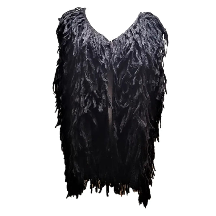 Black feathered knit vest with textured layered design made from soft-knit acrylic available in three colours