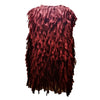 A deep burgundy shaggy soft-knit acrylic sleeveless jacket with textured fringe in three colours