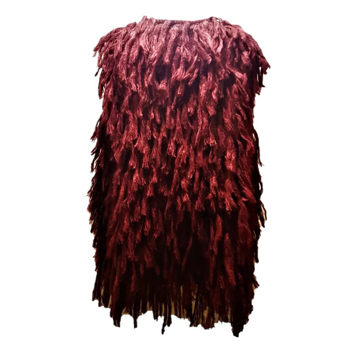 A deep burgundy shaggy soft-knit acrylic sleeveless jacket with textured fringe in three colours