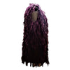 A deep purple shaggy soft-knit acrylic sleeveless jacket with long textured fibers shown on a mannequin head in three colours