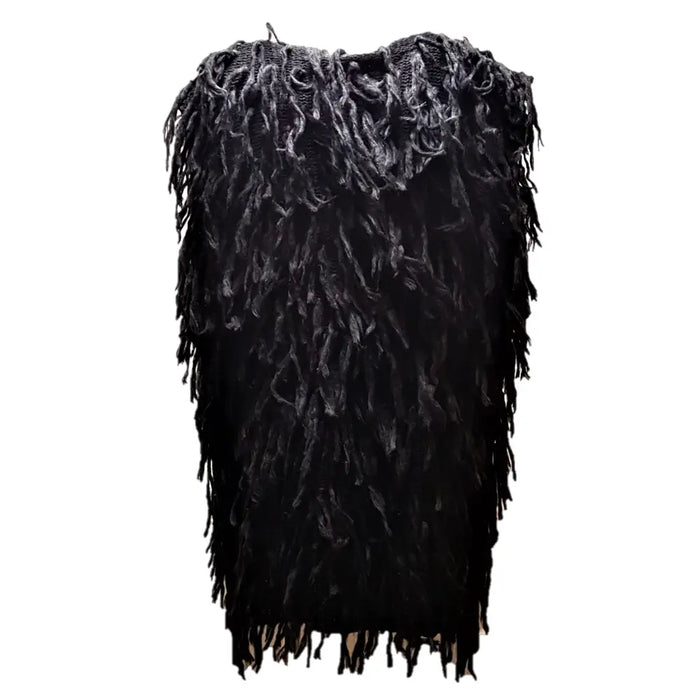 Black fringed knit sleeveless jacket in soft acrylic with textured layers shown in three colours options