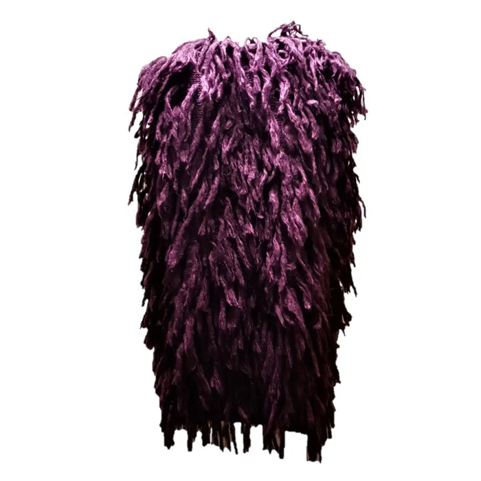 A deep purple shaggy soft-knit acrylic sleeveless jacket with textured fringe and a layered design available in three colours