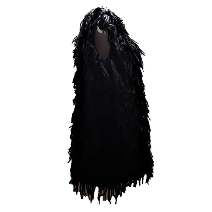 Black long fringed shaggy soft-knit acrylic sleeveless jacket with textured layers shown in three colours option