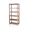 Reclaimed wood five-shelf rolling bookcase with rustic finish and black casters for flexible storage use