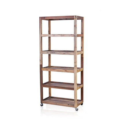 Reclaimed wood five-shelf rolling bookcase with rustic finish and black casters for flexible storage use