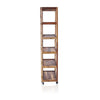 A rustic wooden shelf unit with five tiers and a warm brown finish made from recycled wood