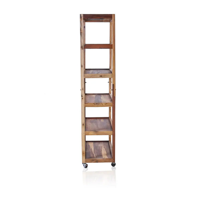 A rustic wooden shelf unit with five tiers and a warm brown finish made from recycled wood