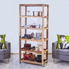 Rustic wooden five-shelf mobile bookshelf with casters made from recycled wood in natural wood tones