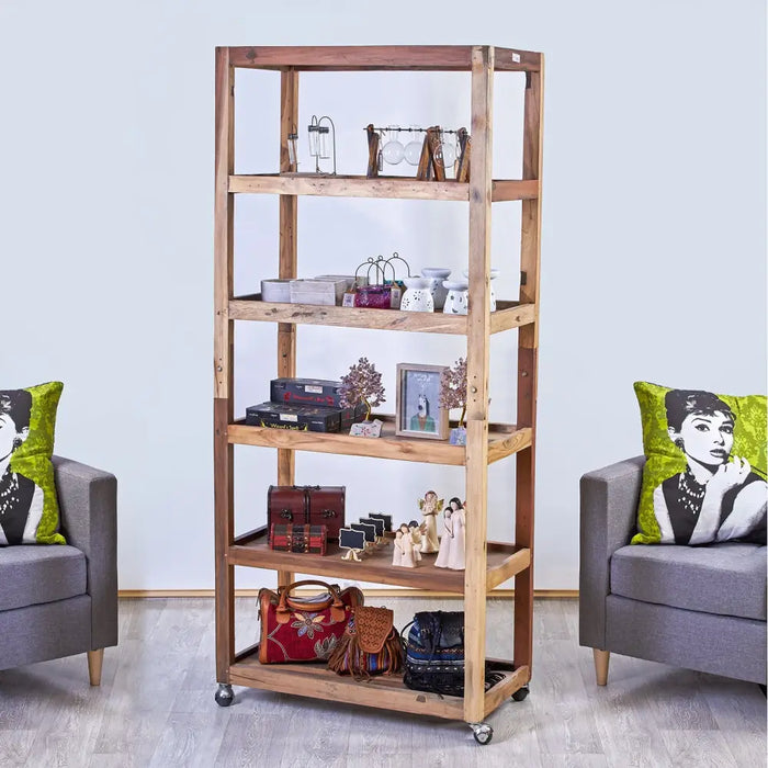 Rustic wooden five-shelf mobile bookshelf with casters made from recycled wood in natural wood tones