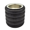 Black rubber grommet with metallic silver ring on a short ribbed wooden tealight holder for candle use