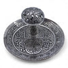 Silver effect mushroom plate incense holder with silver material and etched greek key and chinese cloud patterns on base