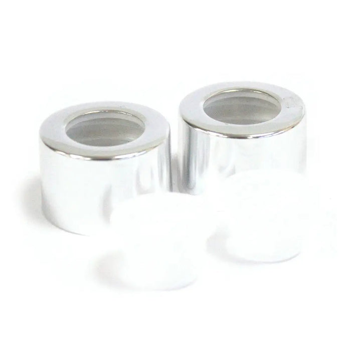 Two shiny silver finish chrome screw caps for round reed diffuser bottle 50ml with hollow centers and smooth surface
