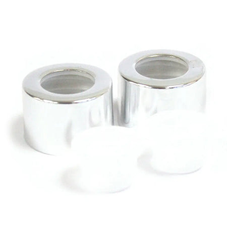 Two silver finish chrome bead caps with hollow centers for square reed diffuser bottle travel plug use