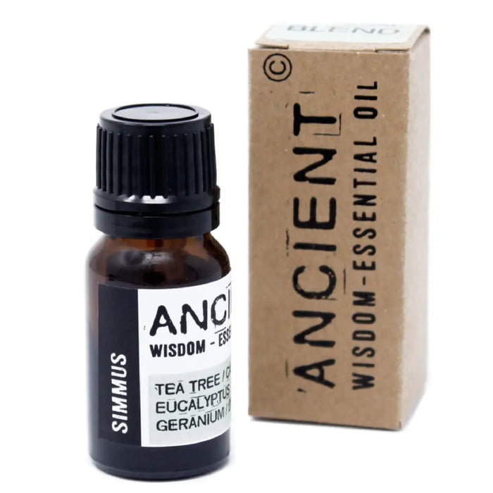 A small amber glass bottle with black cap and white label containing simmus essential oil blend 10ml oil blend