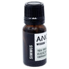 A small amber glass bottle with a black ribbed cap labeled simmus essential oil blend 10ml oil blend ingredients visible