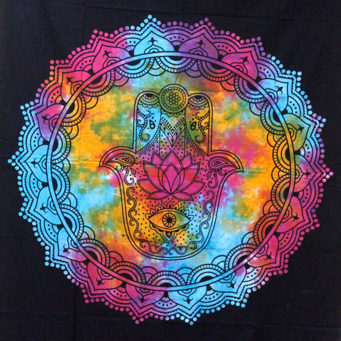Einzelne Baumwolltagesdecke / Wandbehang - Schwarze Hamsa
