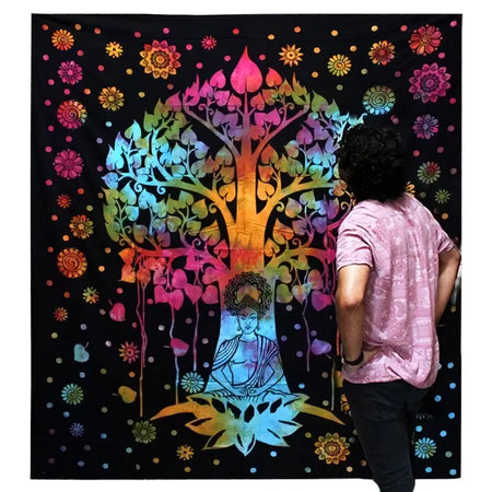 Single cotton bedspread with a rainbow tree of life and meditating buddha on black background with floral patterns