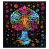 Single cotton bedspread with a rainbow-colored bodhi tree and meditating buddha on black background with floral patterns