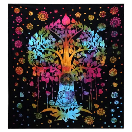 Single cotton bedspread with a rainbow-colored bodhi tree and meditating buddha on black background with floral patterns