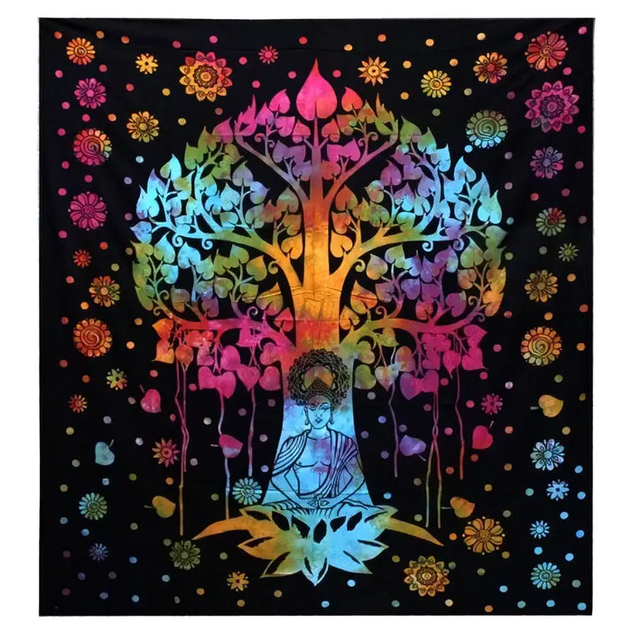 Single cotton bedspread with a rainbow-colored bodhi tree and meditating buddha on black background with floral patterns