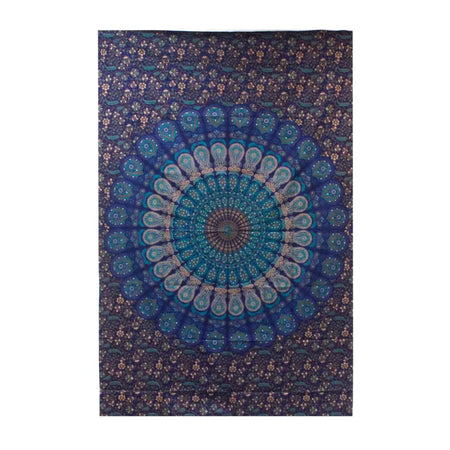 Single cotton bedspread wall hanging with vibrant blue and teal mandala paisley patterns on a dark purple background