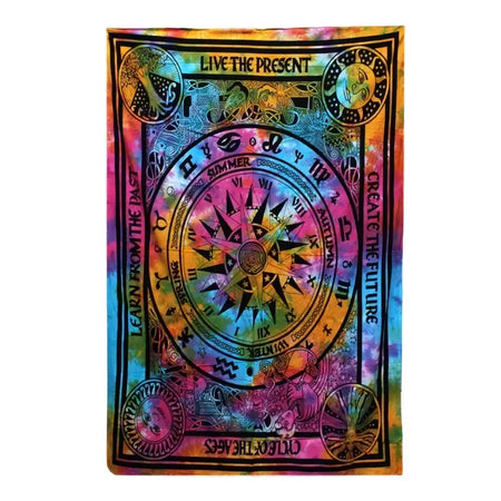 Vibrant cotton bedspread with tie-dye zodiac compass design colorful psychedelic patterns and inspirational phrases