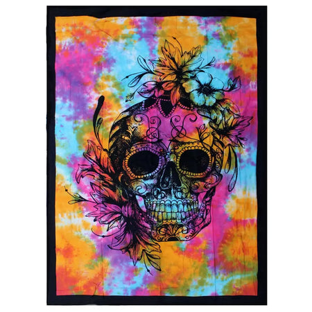 Vibrant cotton bedspread wall hanging with a colorful tie-dye sugar skull and floral psychedelic design