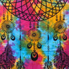 Single cotton bedspread with vibrant tie dye dream catcher design black embroidery and feather accents wall hanging