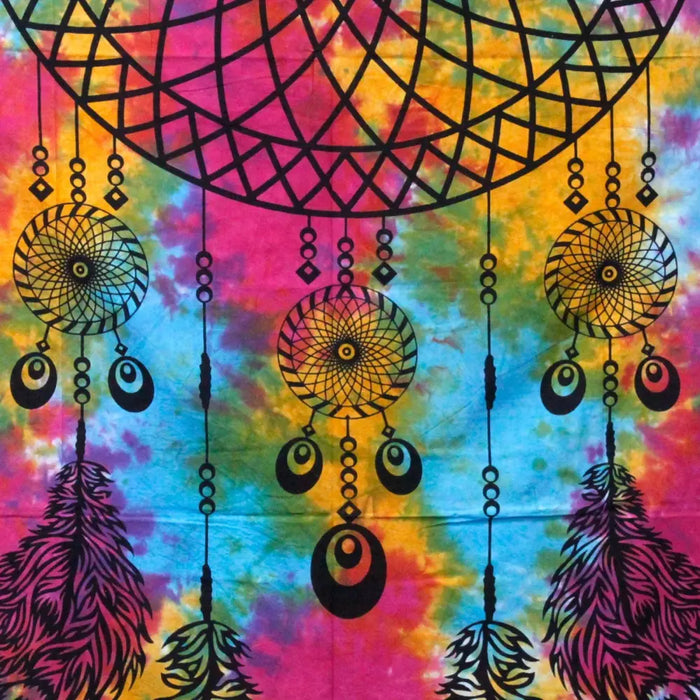 Single cotton bedspread with vibrant tie dye dream catcher design black embroidery and feather accents wall hanging