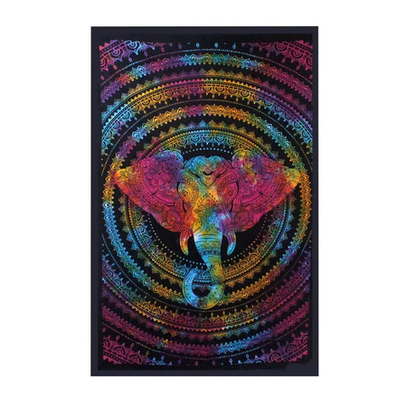 Single cotton bedspread wall hanging featuring a vibrant rainbow elephant head with intricate mandala on black background