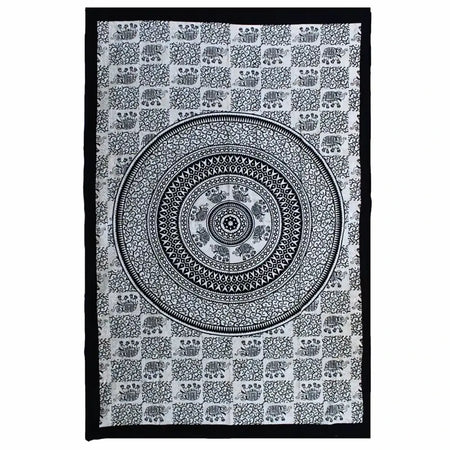 Black and white cotton bedspread wall hanging with intricate circular mandala and repeating elephant motifs