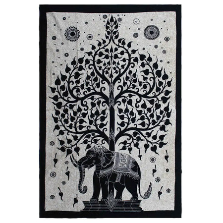 Black and silver cotton bedspread wall hanging with an intricate elephant design under a stylized tree and circular border patterns