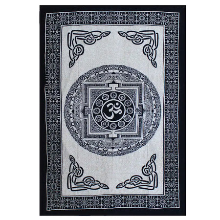 Black and white cotton bedspread and wall hanging with intricate om mandala and celtic knotwork geometric patterns