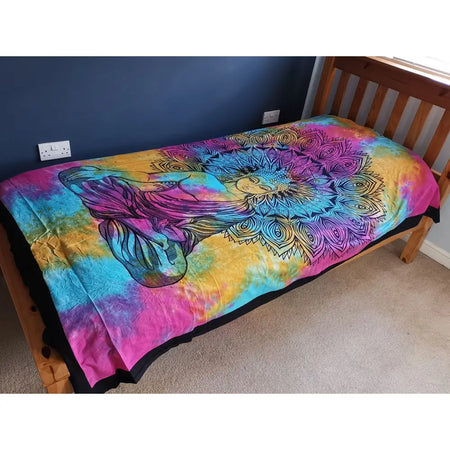Vibrant tie-dye cotton bedspread wall hanging with psychedelic mandala design in pink blue yellow and purple shades