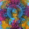 A vibrant cotton bedspread wall hanging with a meditative buddha and rainbow peacock feather design