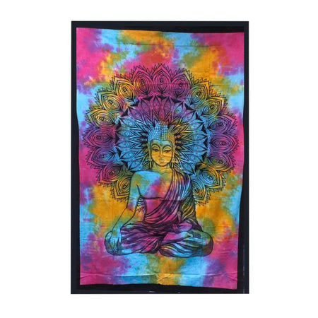 Vibrant tie-dye cotton bedspread wall hanging with a meditative buddha and colorful mandala design