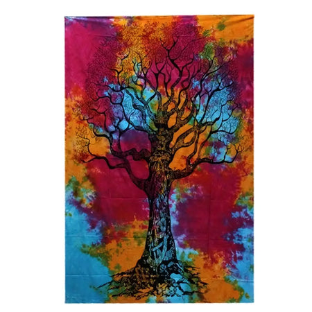 Single cotton bedspread with a vibrant tie dye winter tree design in magenta orange and blue cotton fabric