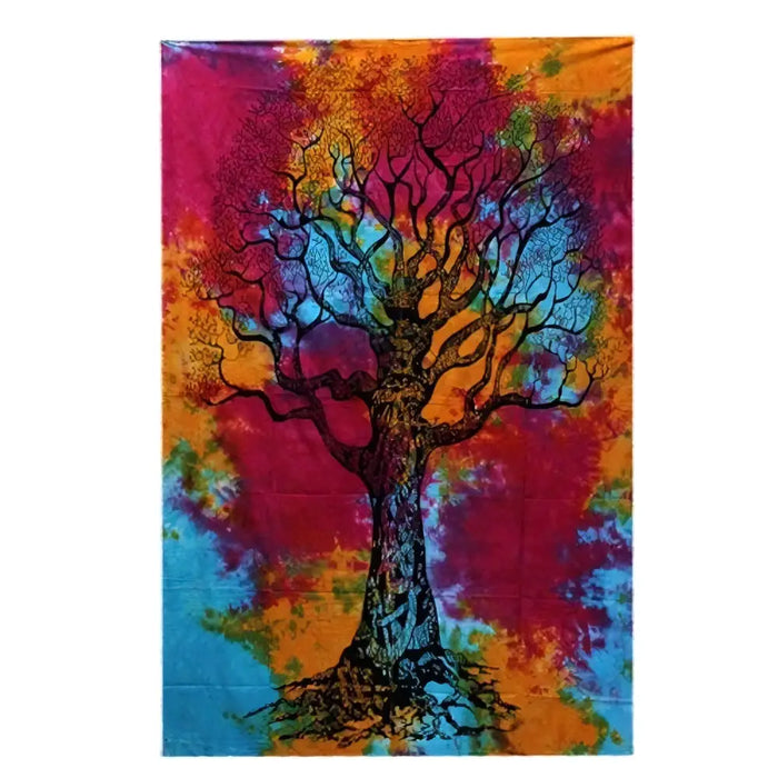 Single cotton bedspread with a vibrant tie dye winter tree design in magenta orange and blue cotton fabric