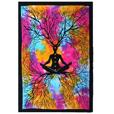 Single cotton bedspread with vibrant tie-dye colors and a black meditating figure with tree branches and roots design