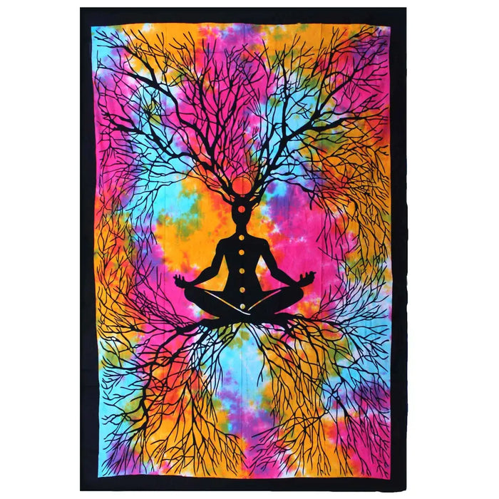 Single cotton bedspread with vibrant tie-dye colors and a black meditating figure with tree branches and roots design