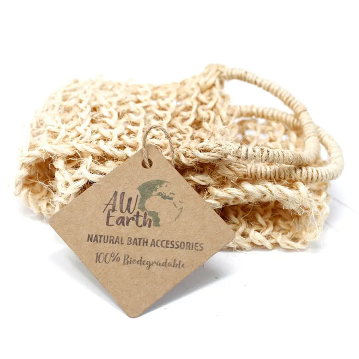 Beige sisal bath scrub made of woven natural fibers with a textured looped design for exfoliating the back