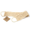 Beige sisal exfoliating back scrub with looped handles made of natural fibers for bath use